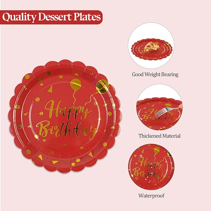 50PCS Happy Birthday Paper Plates and Napkins Party Decorations - 7 Inch Scalloped Red and Gold Dessert Plates and 6.5 Inch Napkins Disposable Tableware Set Birthday Party Supplies, Serves 25