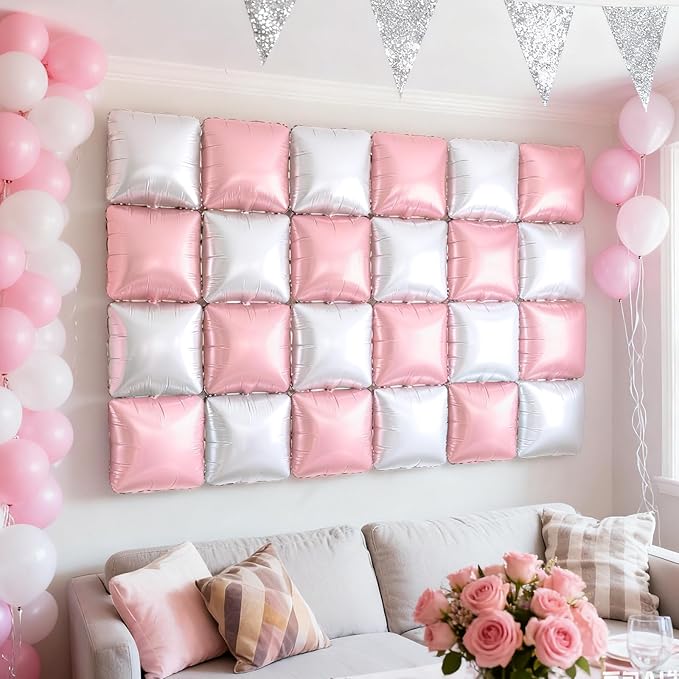 NISOCY 25PCS Pearl Pink and White Square Foil Balloons Wall Backdrop Double Sided Pink and Pearl White Balloons Arch Kit for Wedding Birthday Baby Shower Bride Girl Party Decorations