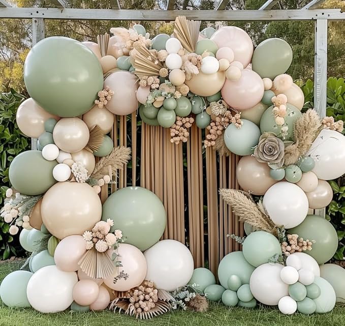 Sage Green White Balloon Garland Double Stuffed Dusty Green Cream Sand White Beige Latex Neutral Balloons Arch Kit for Boho Baby Bridal Shower Birthday Wedding Baptism Decoration