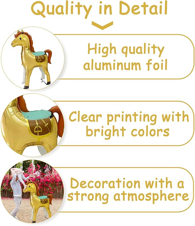 Jumbo 3D Inflatable Horse Balloon,58" Standing Animal Noble Horse Foil Balloon for Party Decoration,Western Cowboy Themed Equestrian competition performance Birthday Party Supplies (Gold)