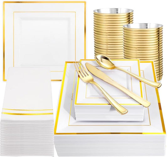 Festiva 350Pcs Gold Plastic Plates - Disposable Square Gold Plates Dinnerware set include 9.5"/6" Plates,Cups,Plastic Cutlery,Hand Napkins Perfect for 50 guests Party&Wedding&Thanksgiving&Christmas