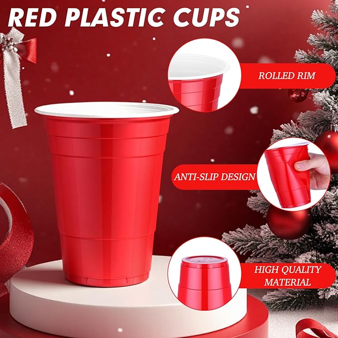 Dualshine 100 Pack Red Plastic Cups 16 oz, Disposable Cups for Party, Heavy Duty Drinking Cup, Graduation Shot Cup for Wedding Birthday Beer Taste Serving Snack Sample Tastings Barbecues and Christmas