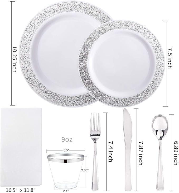WELLIFE 350 Pieces Silver Disposable Plastic Dinnerware, Includes:50 Dinner Plates, 50 Dessert Plates, 50 Cups, 50 Pre Rolled Napkins with Silver Cutlery