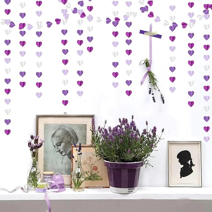 Purple White Lavender Party-Decorations Heart-Garland - 39Ft 3D Women Girl Birthday Supplies Hanging Paper Streamers Banner,Baby Bridal Shower Wedding Engagement Bachelorette Graduation Decor Ouruola