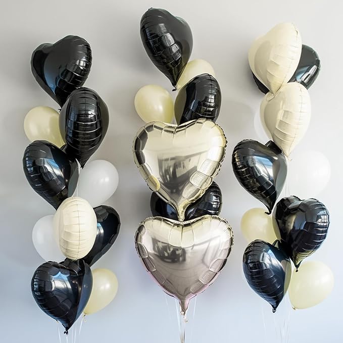 Black White Heart Balloons, 19PCS Black and Cream White Heart Shape Balloon, 18Inch with 10Inch White Sand Black Helium Foil Balloon for Birthday Baby Shower Bridal Wedding Party Decorations