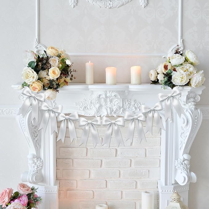 1 String of 8PCS White Bow Garland Banner Decoration,Pre-Strung Satin Ribbon Ornaments for Birthday,Bachelorette Party,Bridal Shower,Wedding, Engagement,Baby Shower,Graduation Decor,Anniversary