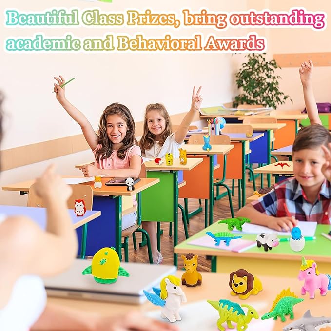 150Pcs Animal Erasers Kids Desk Pets Pencil Erasers 3D Puzzle Bulk Mini Animal Food Eraser Toys Fun Cute Eraser for Classroom Rewards, Game Prizes, Treasure Box, Easter Egg Fillers