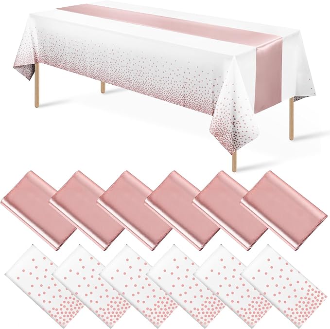 12 Pack Disposable Plastic Tablecloths and Satin Table Runner Set White and Rose Gold Dot Tablecloth Rose Gold Satin Table Runner for Wedding Birthday Baby Shower Anniversary Christmas New Year Party