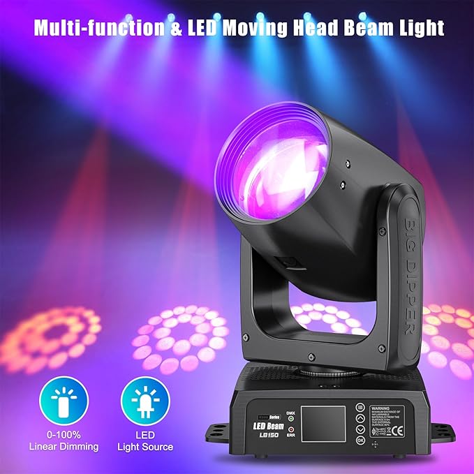 150W Moving Head Beam Light, DJ Stage Lighting with DMX512/Sound-Active/Auto/Master-Slave Modes, 12 Gobos & 12 Colors RGBW Moving Head for Nightclub Party Wedding Show (LB150)