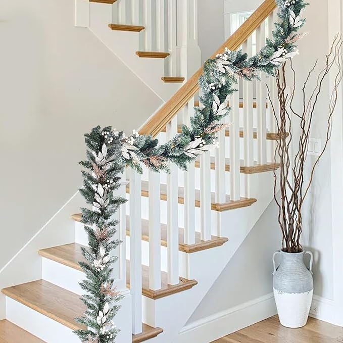 Bdor 6FT Christmas Garland with Glitter Leaves and Berries – Pre-Lit Artificial Pine Garland with Champagne Gold Accents – Elegant Holiday Decoration for Mantel, Staircase, Fireplace, and Front Door