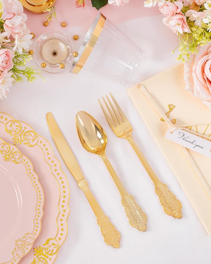 Ciaell 350 PCS Pink Plastic Plates - Pink and Gold Disposable Plates Include 50 Disposable Plate, 150 Heavy Duty Silverware, 50 Cups, 50 Napkins for Wedding & Party & Anniversary