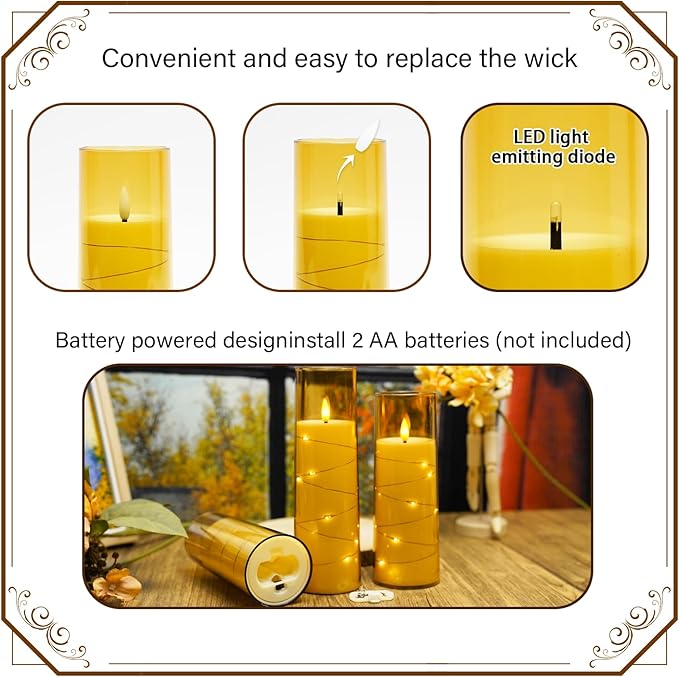 Flickering Flameless LED Candles,Battery Operated Candles 9 Pcs with Embedded Star String,Acrylic LED Pillar Candles with Remote,Suitable for Home Decoration to Create an Atmosphere（Gold）