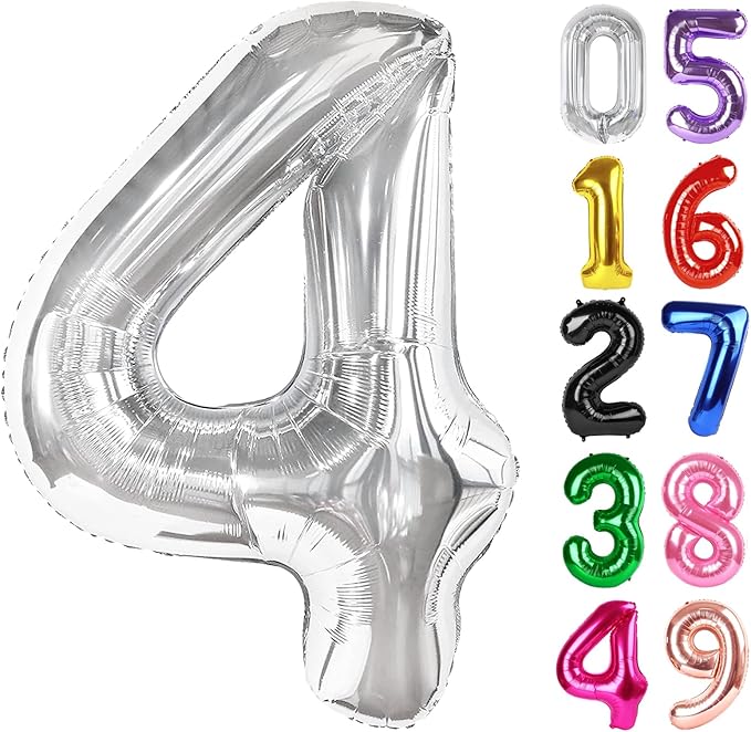 Silver Number 4 Balloon 40 Inch, 4th Birthday Party Decorations for Children, Giant 4 Foil Balloon for Party Supplies