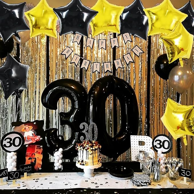 TONIFUL 30Pcs 18 Inch Large Black Gold Star Shape Foil Balloons Big Stars Helium Mylar Ballons for Birthday Wedding Baby Shower Anniversary Engagement Party Decorations Supplies