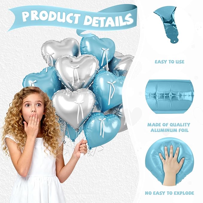Blue and Silver Heart Balloon, 10 Pcs Light Blue Heart Shaped Balloon with White Bow Ribbon, 18 Inch Metallic Silver Foil Balloons for Boys Men Brithday Baby Shower Wedding Valentines Party Decoration