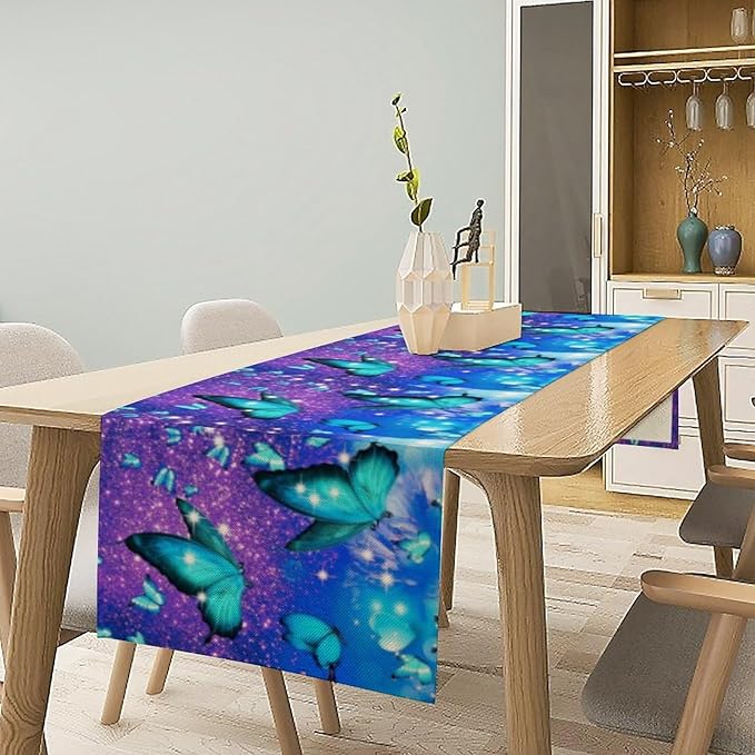 Floral Butterfly Spring Table Runner, Blue Flowers Seasonal Kitchen Dining Table Decoration for Home Party Decor 13x70 Inch