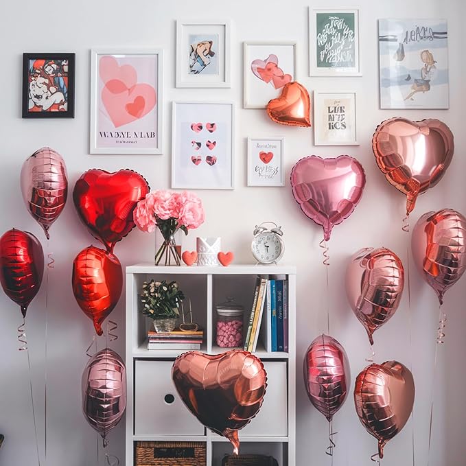 Rose Gold Pink Heart Balloons, 19PCS Red Pink Heart Shape Balloon, 18Inch with 10Inch Pink and Red Rose Gold Helium Foil Love Heart Balloon for Birthday Baby Shower Wedding Valentines Decorations