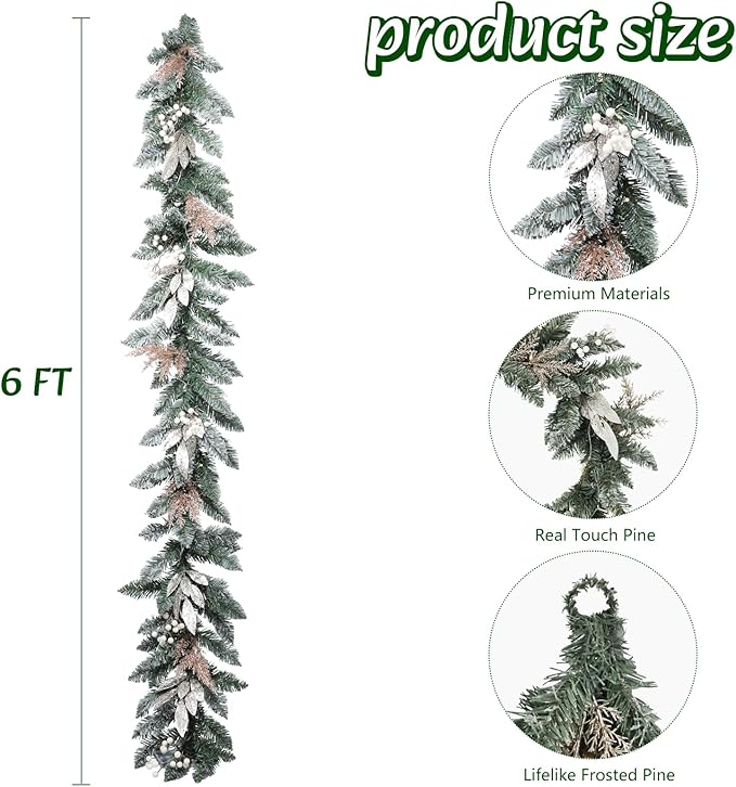 Bdor 6FT Christmas Garland with Glitter Leaves and Berries – Pre-Lit Artificial Pine Garland with Champagne Gold Accents – Elegant Holiday Decoration for Mantel, Staircase, Fireplace, and Front Door