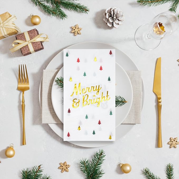 100 Pcs Christmas Tree Paper Napkins Disposable, Merry Bright Red Green Gold Foil Cocktail Napkins, Xmas Holiday Party Guest Dinner Napkin Hand Towels for Christmas Winter Party Supplies, 4.3x7.9 Inch