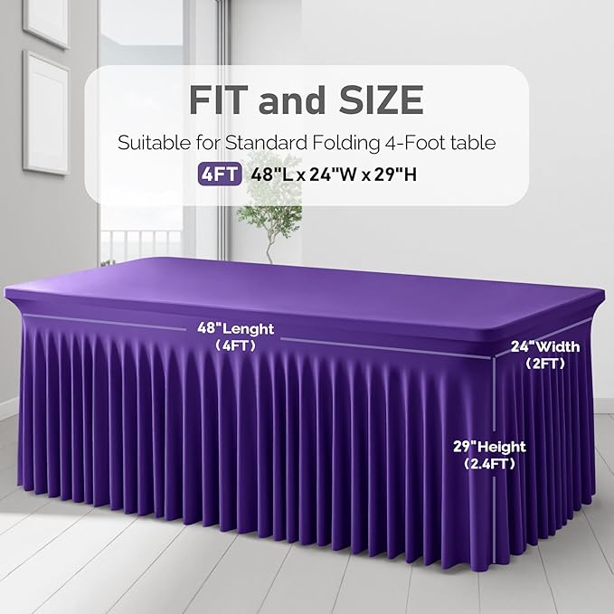 1 Pack Purple Table Clothes for 4 Foot Rectangle Tables, One-Piece Wrinkle Resistant Stretch Spandex Table Covers with Skirt for Event Banquet Wedding Birthday Party