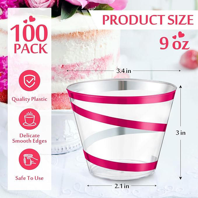 Gejoy 9 oz Rimmed Swirl Plastic Cups Disposable Wine Drinking Cups Clear Elegant Halloween Tumblers for Christmas Party Supplies(Hot Pink,100 Pcs)