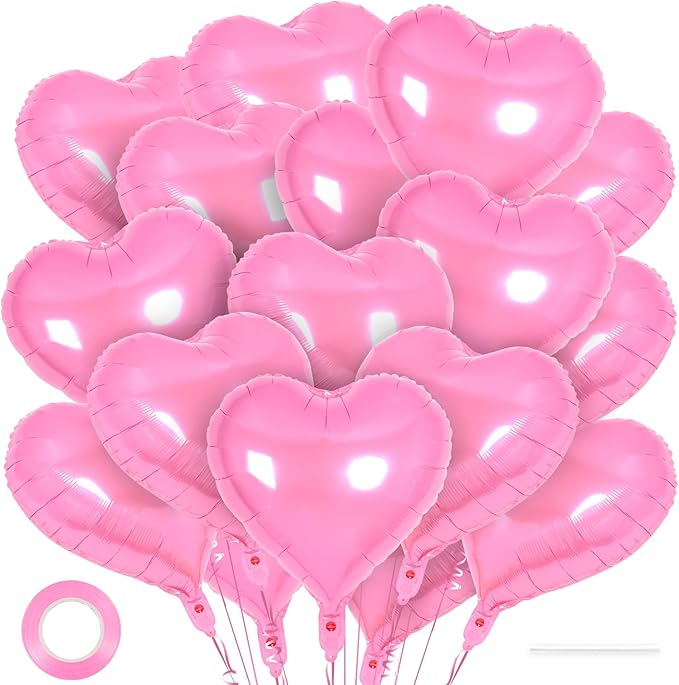 24 Pcs Pink Heart Balloons,18 inch Heart Shape Foil Balloons Love Balloons Valentine Balloons for Birthday Party Wedding Engagement Party Baby Shower Valentine Day Decorations (Pink)