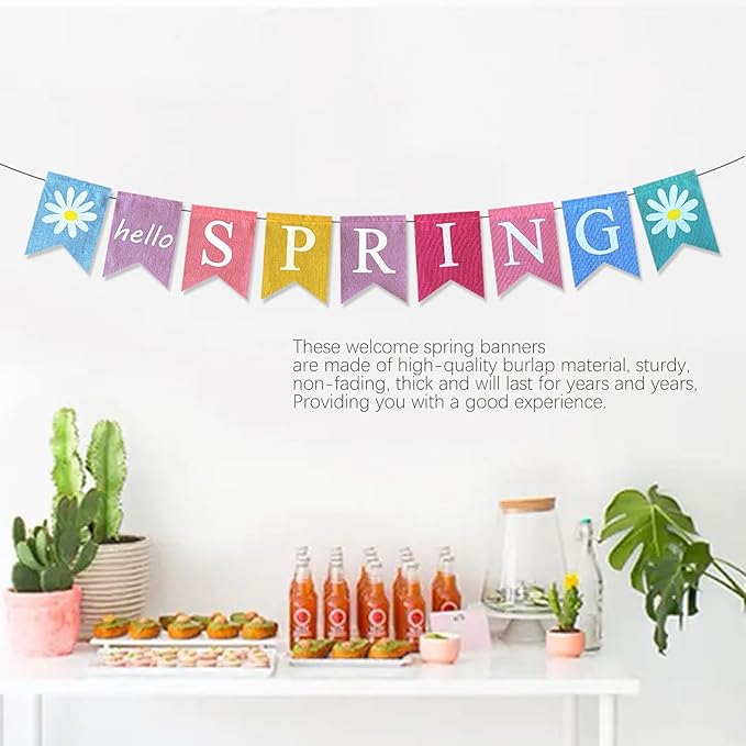 Hello Spring Banner,Pre-assembled Burlap Happy Easter Decorations Welcome Spring Mantle Felt Garland Colorful Party Supplies for Classroom Office Decor