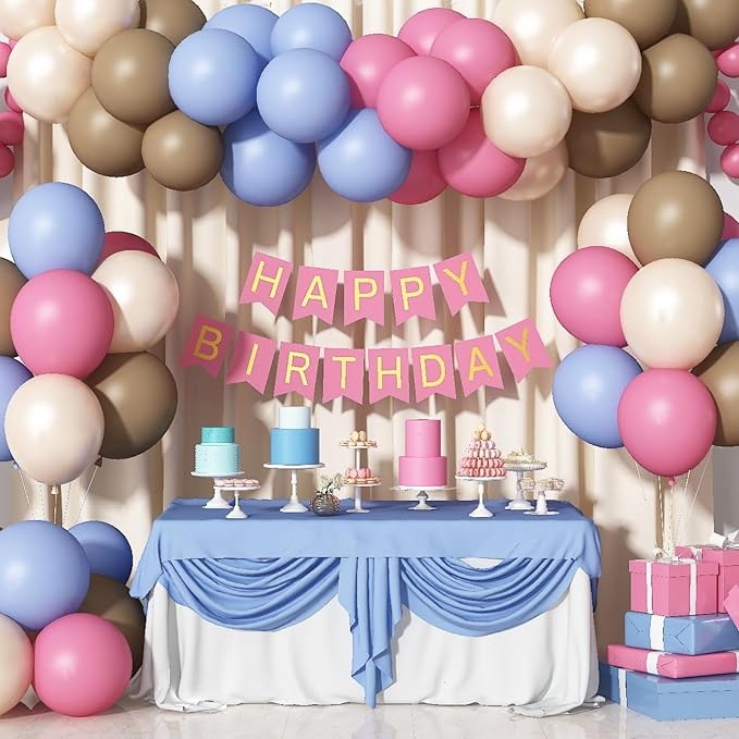 Pink Blue Balloons 60 Pcs Dusty Pink Blue Brown Balloons 12 Inch Retro Slate Blue Pink Tan Khaki Brown White Sand Balloon for Boho Gender Reveal Boys or Girls Baby Shower Birthday Party Decorations