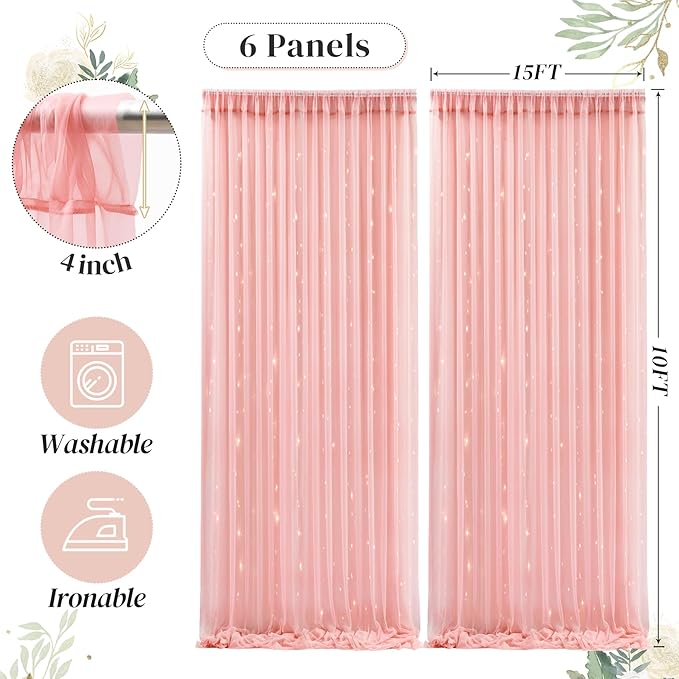 30ft x 10ft Dusty Rose Backdrop Curtain with Lights String for Parties, Sheer Tulle Wedding Photo Backdrops Drapes for Baby Shower Birthday Party Decorations Background for Photography