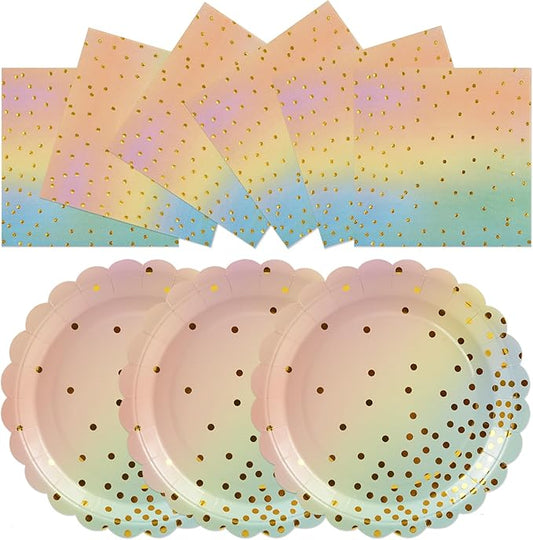 50PCS Colored Paper Plates and Napkins Set - Colourful and Gold Dot Disposable Party Tableware Dinnerware Set Party Supplies Decorations for Birthdays, Baby Shower, Weddings and Holidays