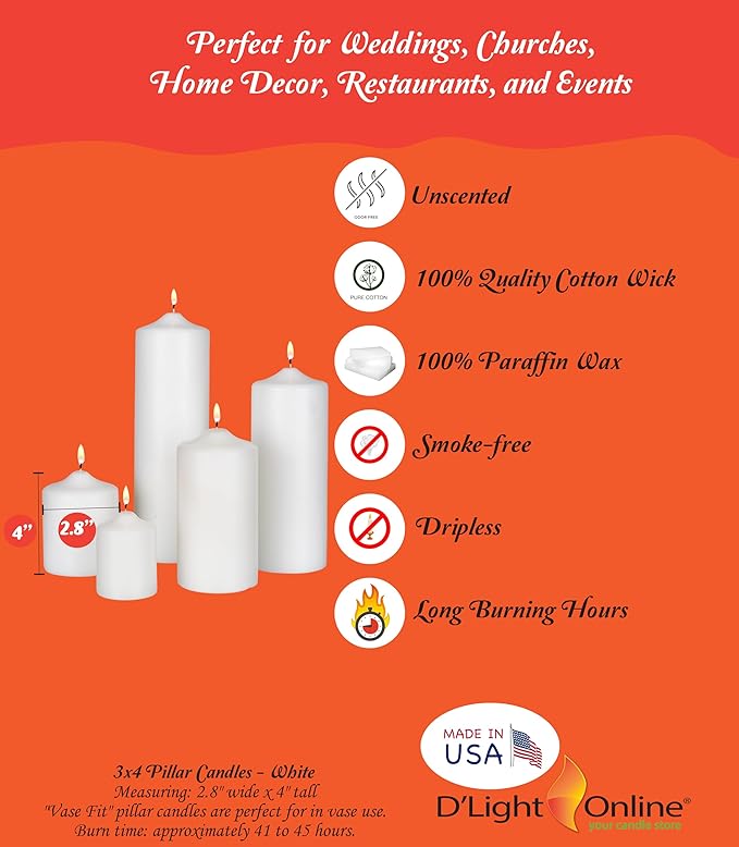 D'light Online 3 X 4 Inch Pillar Candles Set of 12 Bulk Event Pack Premium Wax Round Unscented Ivory Pillar Candles Wax for Wedding, Spa, Party, Birthday, Holiday, Bath, Home Decor (3x4 - Ivory)