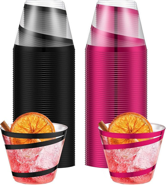Gejoy 9 oz Rimmed Swirl Plastic Cups Disposable Wine Drinking Cups Clear Elegant Halloween Tumblers for Christmas Party Supplies(Hot Pink, Black,100 Pcs)