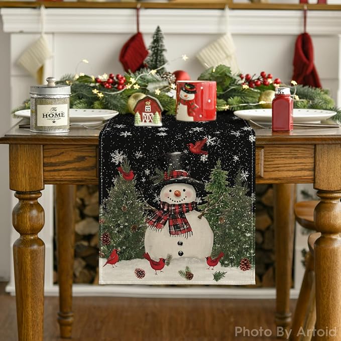 Artoid Mode Snowman Birds Trees Christmas Table Runner, Seasonal Black Winter Holiday Kitchen Dining Table Decoration for Home Party Decor 13 x 72 Inch