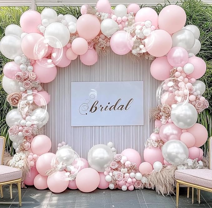Pearl Pink White Balloon Arch Double Stuffed Pastel Light Pink White Cream Balloon Garland Kit With Bobo Balloons for Birthday Baby Shower Baby in Bloom Wedding Bridal Bachelorette Party Decor