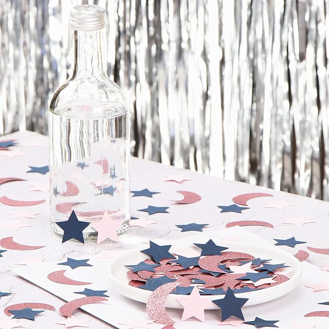 Navy-Blue Pink Rose-Gold Moon-Star Confetti - 300pcs Glitter Twinkle Little Star Table Confetti Eid Ramadan Mubarak Decoration Gender Reveal Birthday Wedding Baby Shower Party Decor Lasting Surprise