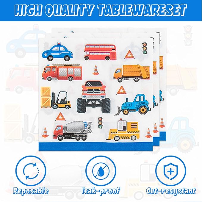 96Pcs Tansportation Party Supplies Traffic Cars Trucks Theme Tableware Set Plates Napkins Forks Serves 24 Guests Transport Vehicle Baby Shower Birthday Party Decorations