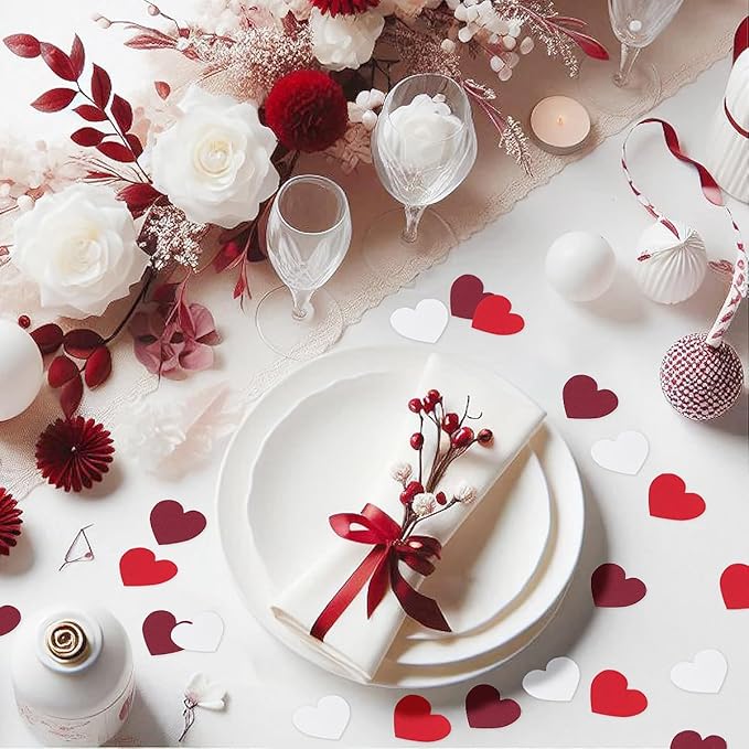 White Red Burgundy Party Decorations - 300Pcs Paper Heart Confetti Engagement Mother's Day Wedding Anniversary Romantic Bridal Shower Birthday Party Valentine Galentines Day Table Decor HongTongTong