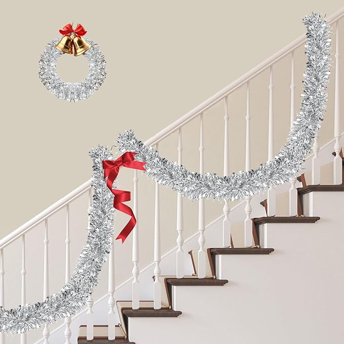 50FT Silver Christmas Tinsel Garland Metallic Twist Xmas Garland for Christmas Tree Decorations Holiday Hanging Garlands for Mantel Staircase Indoor Outdoor Home Office Class Party Holiday Decor