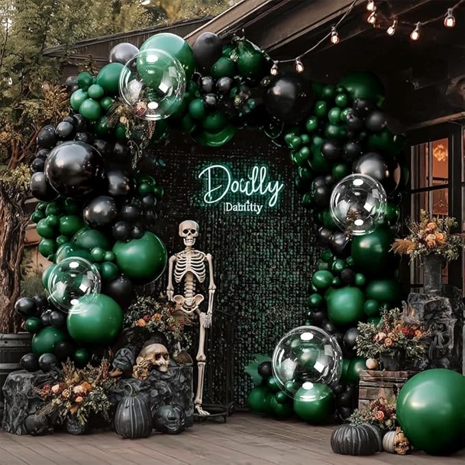 Black Green Balloon Garland Double Stuffed Dark Emerald Green Balloons Clear Bobo Metallic Black Balloon Arch Kit for Birthday Halloween Bridal Shower Christmas New Year Party Decorations