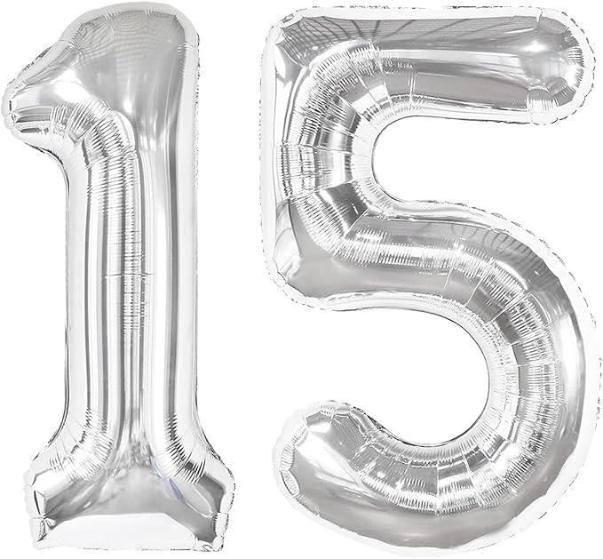 Silver Number 15 Balloon 40 Inch, 15th Birthday Party Decorations for Children, Giant 15 Foil Balloon for Party Supplies