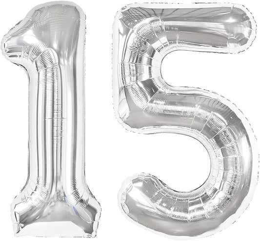 Silver Number 15 Balloon 40 Inch, 15th Birthday Party Decorations for Children, Giant 15 Foil Balloon for Party Supplies