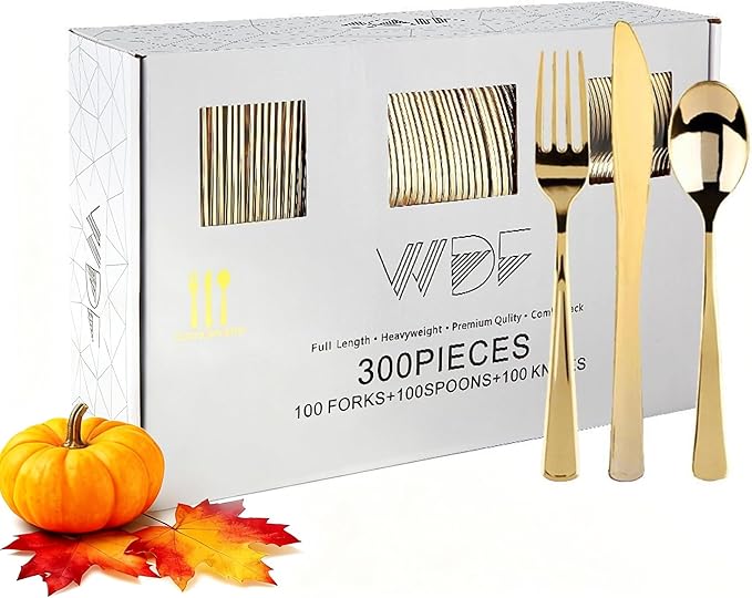 WDF300 Pieces Gold Plastic Silverware - Heavy Duty Disposable Cutlery Set Plastic Gold Silverware Set Includes 100 Forks, 100 Spoons, 100 Knives for Party/Christmas