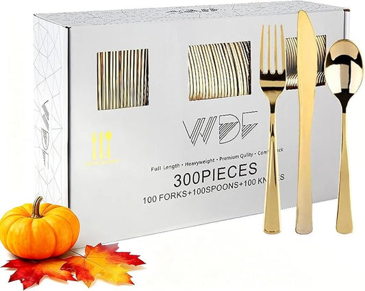 WDF300 Pieces Gold Plastic Silverware - Heavy Duty Disposable Cutlery Set Plastic Gold Silverware Set Includes 100 Forks, 100 Spoons, 100 Knives for Party/Christmas