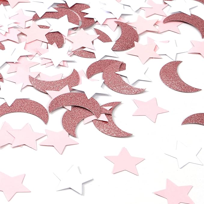 Rose-Gold Pink-White Moon Star Confetti - 300pcs Glitter Twinkle Little Star Table Confetti Eid Ramadan Mubarak Decoration Birthday Wedding Baby Bridal Shower Party Decor Lasting Surprise