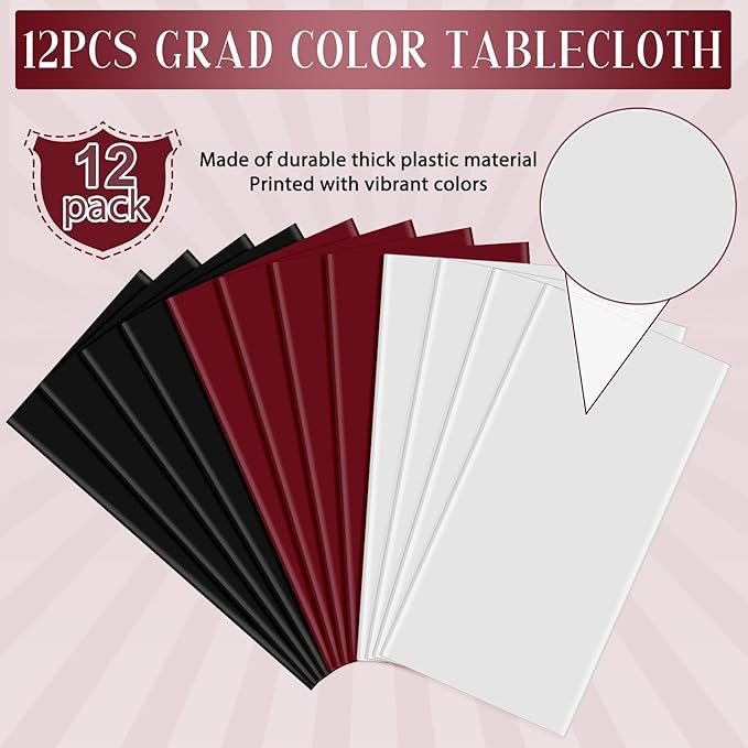 12 Pcs Maroon Black White Plastic Tablecloths Bulk,54 x 108 Inch Disposable Rectangle Party Table Cloth Waterproof Table Cover for Birthday Wedding Anniversary Graduation Party Decorations Supplies