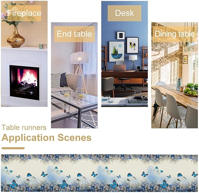 Flowers Butterfly Spring Table Runner, Blue Floral Seasonal Kitchen Dining Table Decoration for Home Party Decor 13x90 Inch