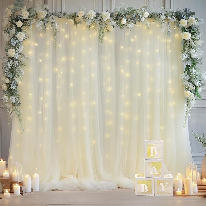 10ft x 10ft Ivory Backdrop Curtain with Lights String for Parties, Sheer Tulle Wedding Photo Backdrops Drapes for Baby Shower Birthday Party Decorations Background for Photography