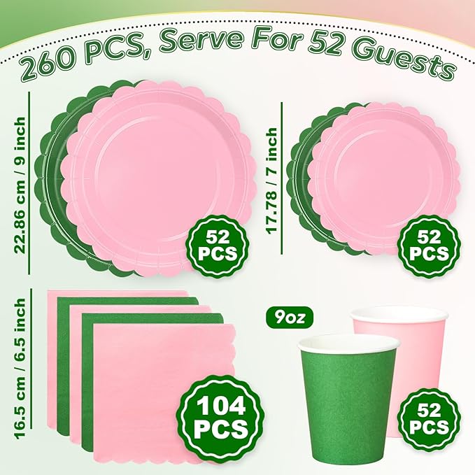 260 Pcs Green And Pink Party Supplies - For 52 Guests Paper Plates And Napkins/Cups - Disposable Small Scalloped Dinner Party Set Cutlery - For Bbq Baby Shower Bridal Shower Wedding