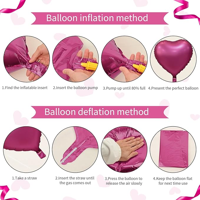 Biapian Foil Heart Balloons, 10PCS Pink Heart Shape Balloons Valentines Balloons 18inch Rose Red Foil Balloons for Helium Birthday Decorations for Girls Women for Valentines Day, Wedding, Anniversary