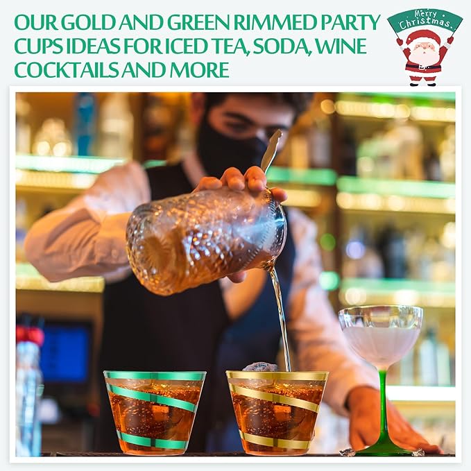 Gejoy 9 oz Rimmed Swirl Plastic Cups Disposable Wine Drinking Cups Clear Elegant Halloween Tumblers for Christmas Party Supplies(Gold, Green,100 Pcs)